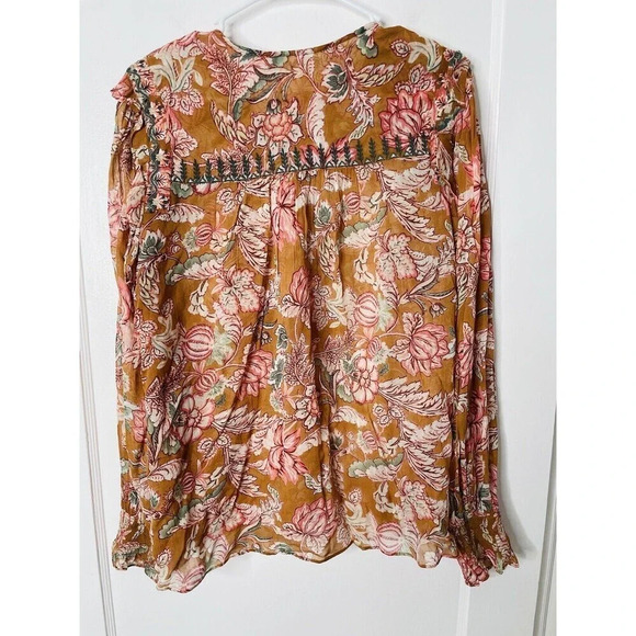By Anthropologie Pullover Blouse XLP Sheer Floral Flowy Boho Tassels Tie Neck - Picture 5 of 12